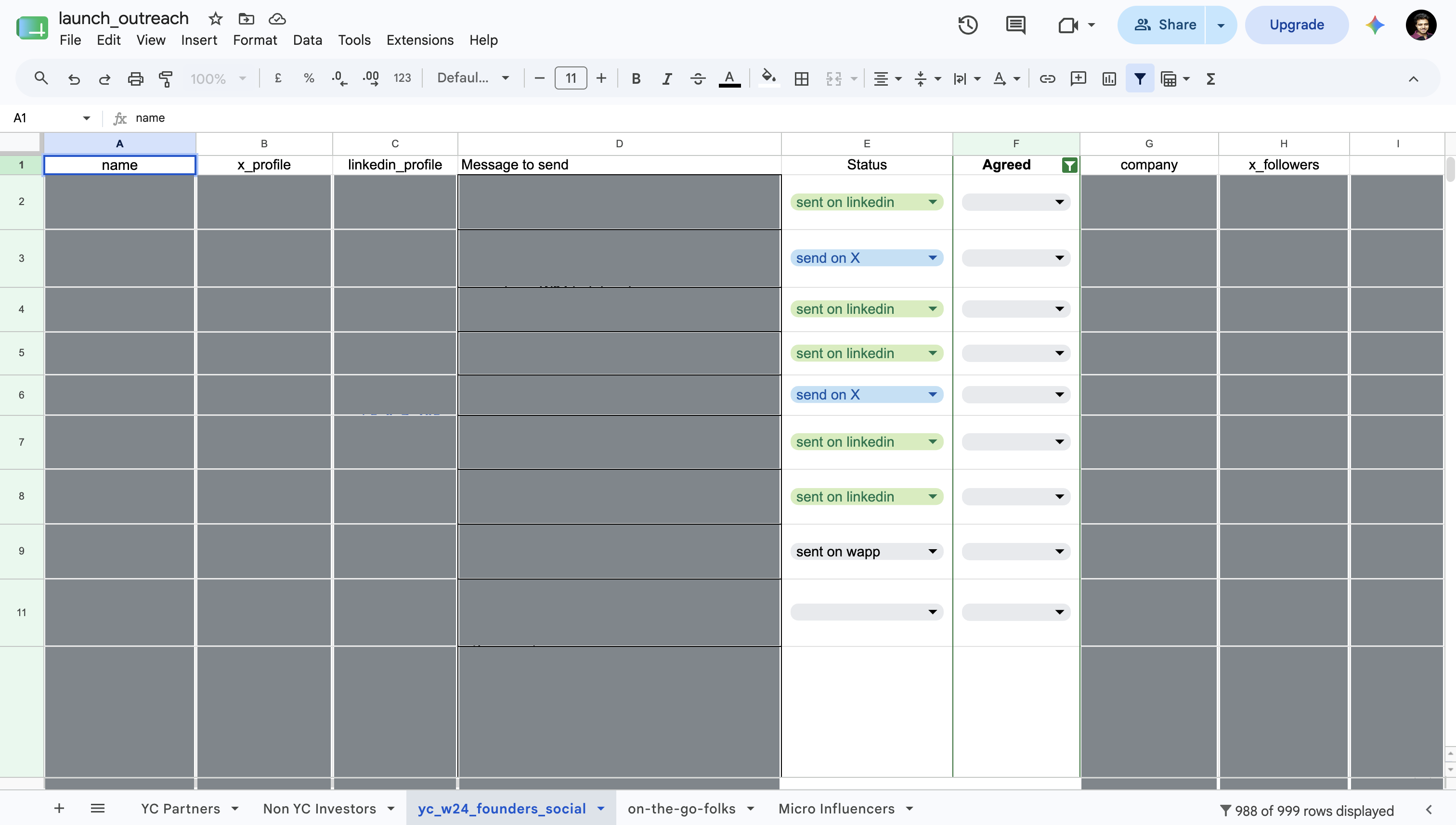 The launch outreach sheet, with names redacted. The visible tabs show the creator sheet was one of several.